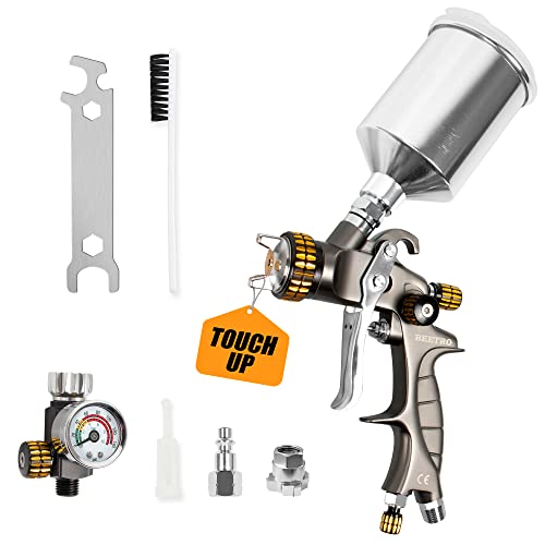 HVLP Touch Up Mini Air Spray Gun for Clearcoats 1.0mm Stainless Steel Nozzle 150ml Capacity 7.0CFM 22psi with Type 2 Adapter Air Control Valve and Filter Professional