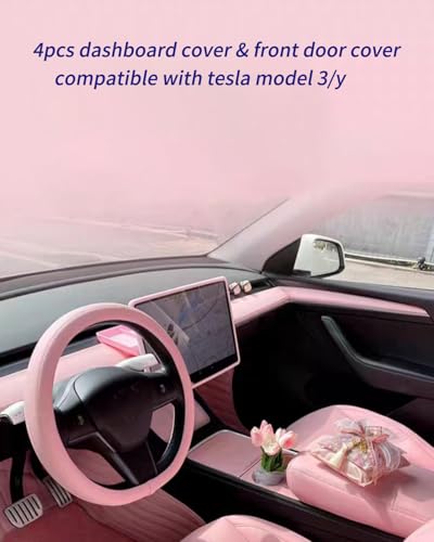Pink Dashboard Cover and Front Door Cover Compatible with Tesla Model 3（2021 (2 Count)