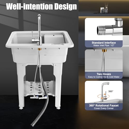 Freestanding Utility Sink Plastic Wash Station with Storage Shelf Indoor