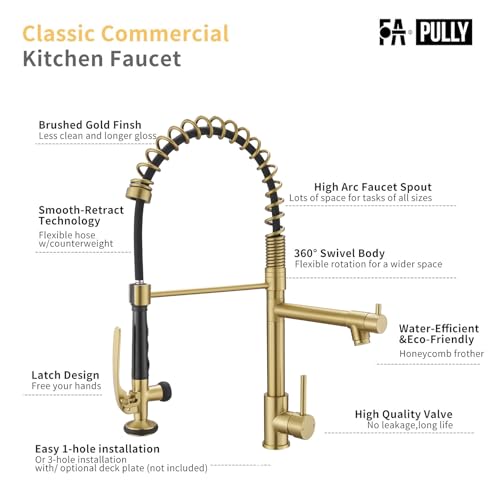 Commercial Brushed Gold Kitchen Faucet with Pull Down Sprayer