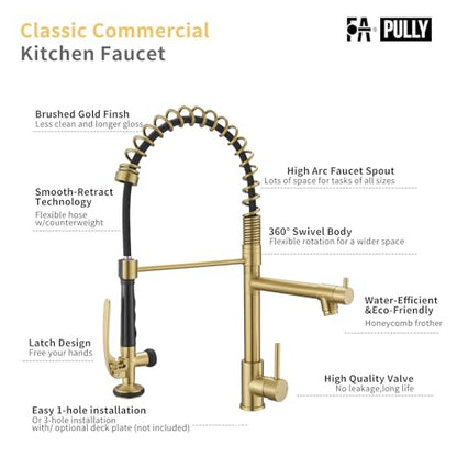 Commercial Brushed Gold Kitchen Faucet with Pull Down Sprayer