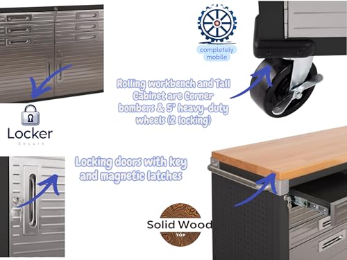 Heavy Duty 8 Piece Steel Garage Cabinet Storage Set with Rolling Workbench