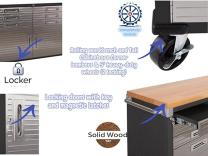 Heavy Duty 8 Piece Steel Garage Cabinet Storage Set with Rolling Workbench