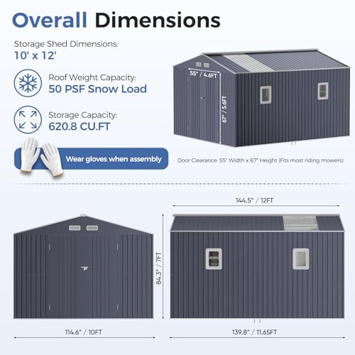 10x12 FT Metal Storage Shed with Galvanized Base Frame Kit