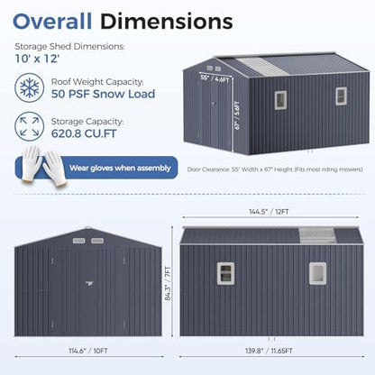10x12 FT Metal Storage Shed with Base Frame Kit