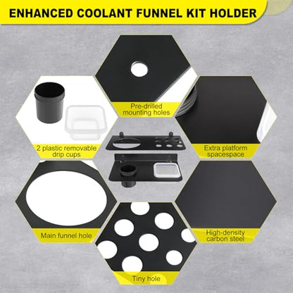 Coolant Funnel Kit Holder Wall Mount Rack with 2 Drip Cups