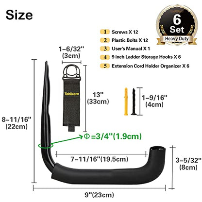 6 Pack 9 Inch Wall Mount Garage Storage Hooks for Ladder & Tools (6 Count)
