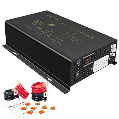 2500W Pure Sine Wave Power Inverter 12VDC to 120VAC 60HZ Dual AC Outlets 2× 2.4A USB Port&Hardwire Terminal Off