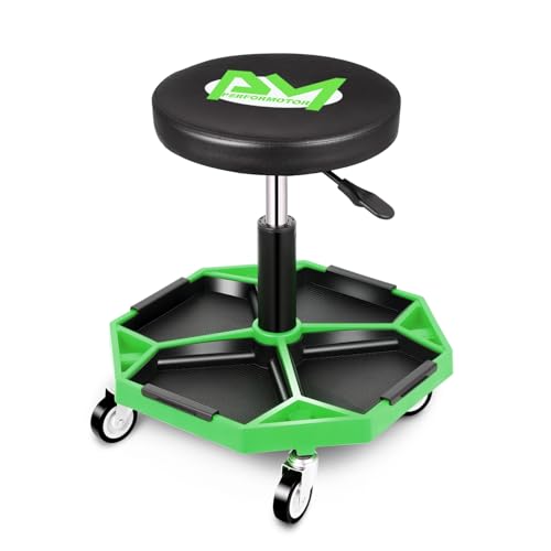 Adjustable Height Pneumatic Garage Seat Rolling Mechanic Stool with Tool Tray Storage