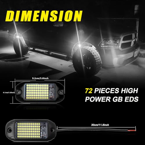 4Pods Pure White 72 LEDs SMD Chips 72w High Power Rock Lights Super Bright White Offroad Car Boat Underglow Lights IP68 Waterproof for Truck SUV UTV ATV RZR