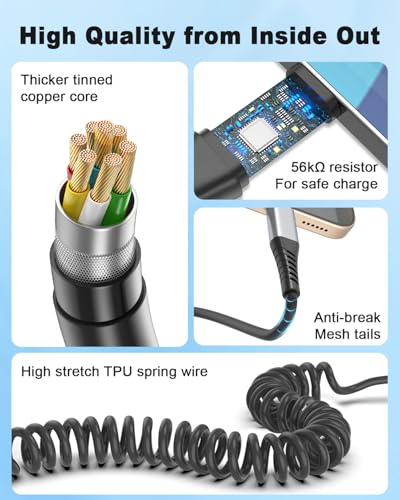 Coiled USB C to C Cable for Car (2 Count)