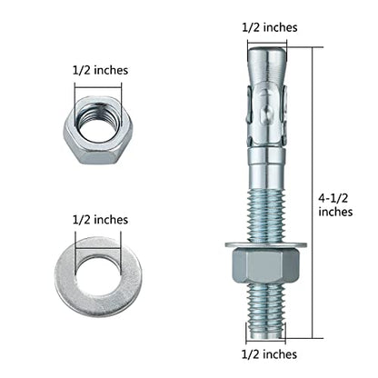 1/2x4-1/2" 50Pcs Inch Standard Fasteners for Heavy-Duty Zinc Wedge Anchors for Cement and Concrete (50 Count)