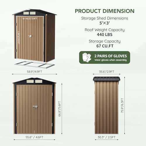 5 x 3 FT Storage Shed with Floor Frame for Backyard