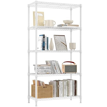 1250 lbs 5 Tier Shelf Metal Storage Shelves Wire Rack Closet Organizers for Garage Kitchen Bathroom Laundry White 11.8" D x 29.5" W x 59.5" H (5 Count)