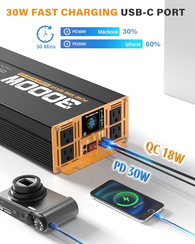 3000W Pure Sine Wave Inverter 12V DC to 110V 120V AC Converter for RV Truck Home Off