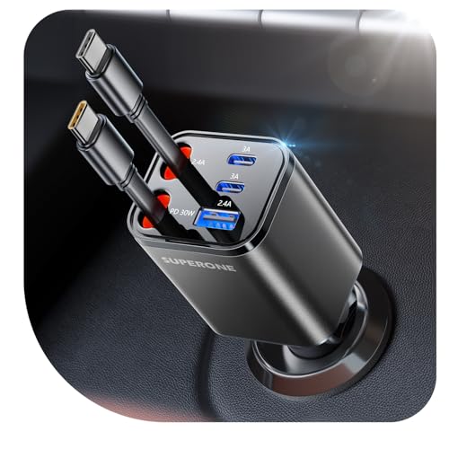 2026 Ultra Compact SUPERONE Retractable Car Charger with Dual Type C Cables