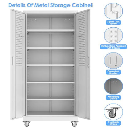 Metal Storage Cabinet with Wheels and Pegboard
