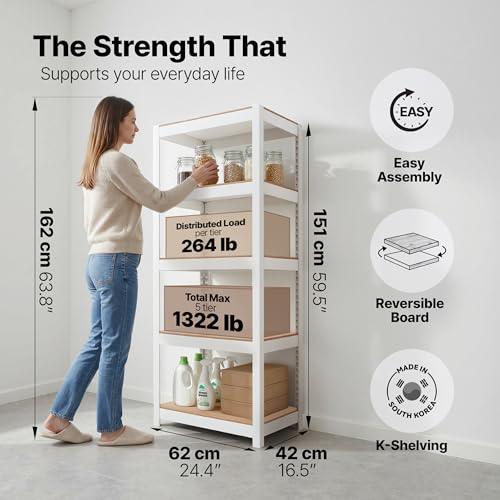 House 24.4" W 5 Tier Heavy Duty Garage Shelving Adjustable Metal Rack Storage Shelves Standing Shelf Unit Organizers Pantry Closet Office White 2Pack (2 Count)