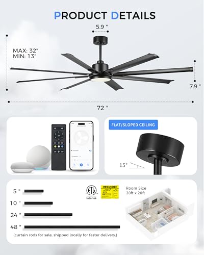 72 Inch Large Ceiling Fan with Light