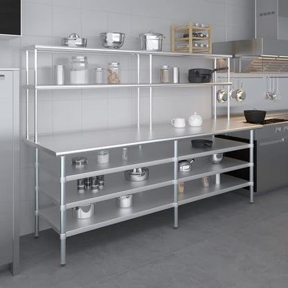 30" x 96" Stainless Steel Work Table with 3 Shelves and 12" Wide Double Tier Overshelf