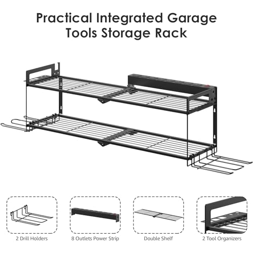 Large Garage Tools Storage with Charging Station. Power Tool Battery Organizer Utility Shelf with Power Strip. 4 Drills Holder Wall Mount Rack. (7.6 Count)