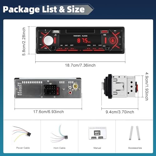 Single Din Car Stereo with Bluetooth 5.0 Hands Free Calling Digital Car Stereo Receiver FM Radio Car Mp3 Player Audio Multimedia System with 2 USB