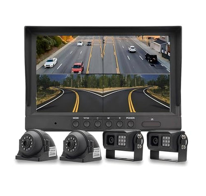 Car Backup Cameras System with 9'' Quad Split Monitor for RV Trailer Semi Truck Camper Bus & 4 AHD 1080P Rear&Side View Cameras with DVR Record Function Night Vision IP69 Waterproof