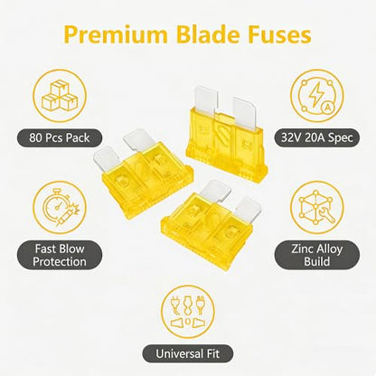 80Pcs) 20 Amp Standard Fuse, 20A Car Blade Fuses for Car/RV/Truck/SUV/Motorcycle/Boat (80 Count)