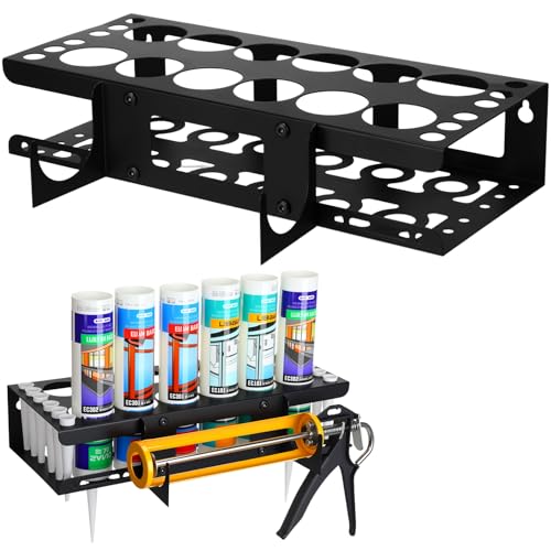 1 Pack Caulking Tube and Gun Holder 12 Slot 15.86 x 9.87x 3.34 Inch Caulking Gun Storage Rack with Horizontally Base Sealant Organizer for Garage Workshop Work Van Wall Mounted Tube Nozzle