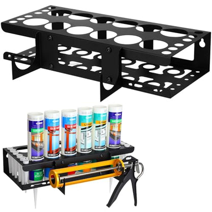 1 Pack Caulking Tube and Gun Holder 12 Slot 15.86 x 9.87x 3.34 Inch Caulking Gun Storage Rack with Horizontally Base Sealant Organizer for Garage Workshop Work Van Wall Mounted Tube Nozzle