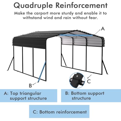 10x15 FT Metal Carport with Extra 4 Side Reinforcement Support Rods (693.09 Sq Ft)