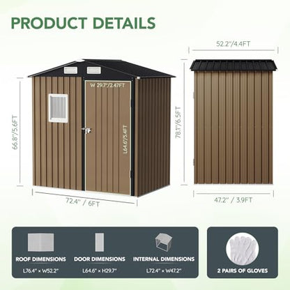 6X4FT Outdoor Steel Storage Shed with Lockable Doors