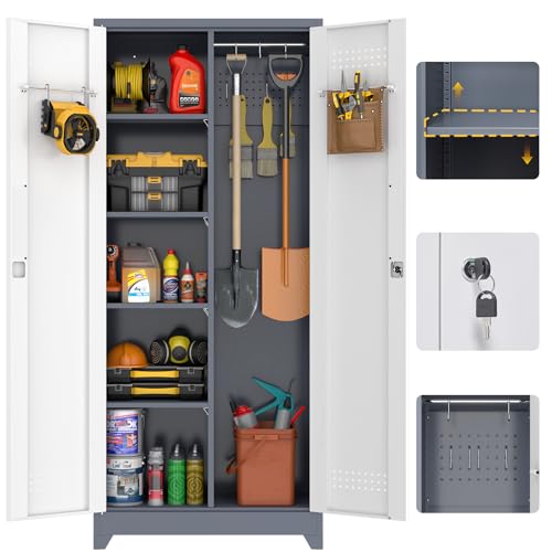 72'' Metal Utility Storage Cabinet with Pegboard & Tool Hanging Bars