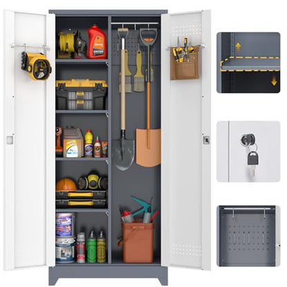 72'' Metal Utility Storage Cabinet with Pegboard & Tool Hanging Bars