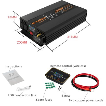 2000W Pure Sine Wave Power Inverter 12V DC to 120V AC 60HZ with LCD Display