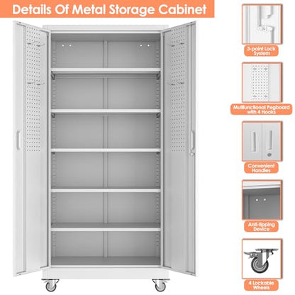 71" White Metal Storage Cabinet with Wheels and Pegboard