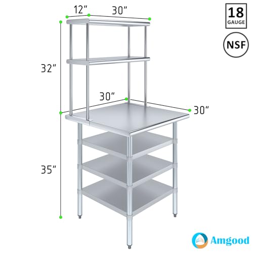 30" x 30" Stainless Steel Work Table with 3 Shelves and 12" Wide Double Tier Overshelf
