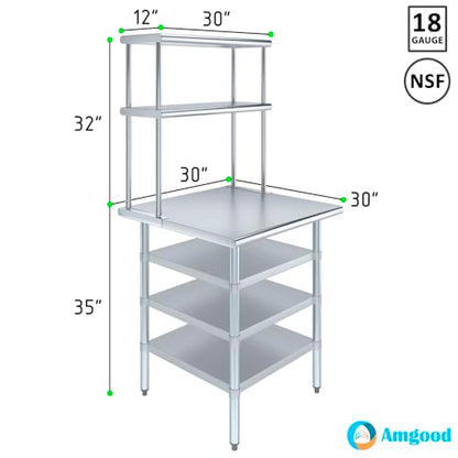 30" x 30" Stainless Steel Work Table with 3 Shelves and 12" Wide Double Tier Overshelf
