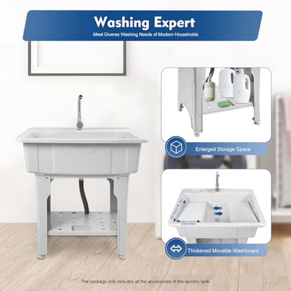 Freestanding Utility Sink Plastic Laundry Tub Spacious Sink with Storage Shelf Indoor Outdoor Wash Station for Bathroom Washing Room