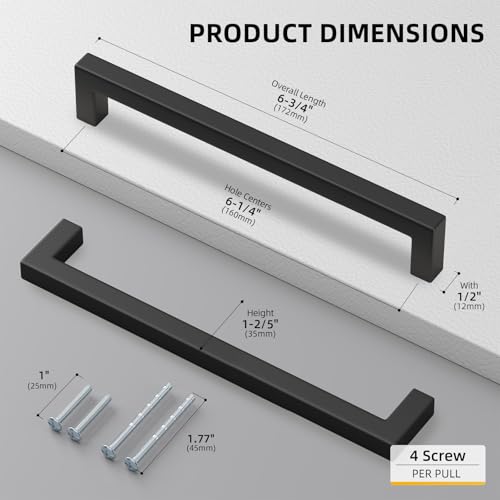 2 Pack Black Square Bar Cabinet Pull Drawer Handle Stainless Steel Modern Hardware for Kitchen and Bathroom Cabinets Cupboard (2 Count)