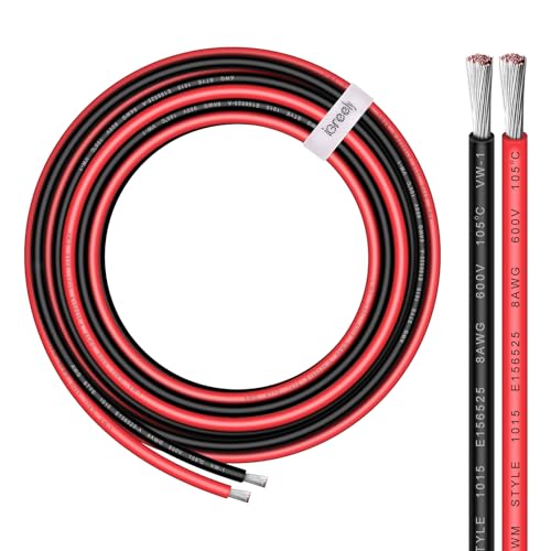 8 Gauge Wire iGreely 10 FT Red & 10 FT Black 8 Gauge Tinned Copper Electrical Wire Cable for Car Audio Automotive Trailer Marine Harness Wiring 8AWG 10Ft (10 Foot)