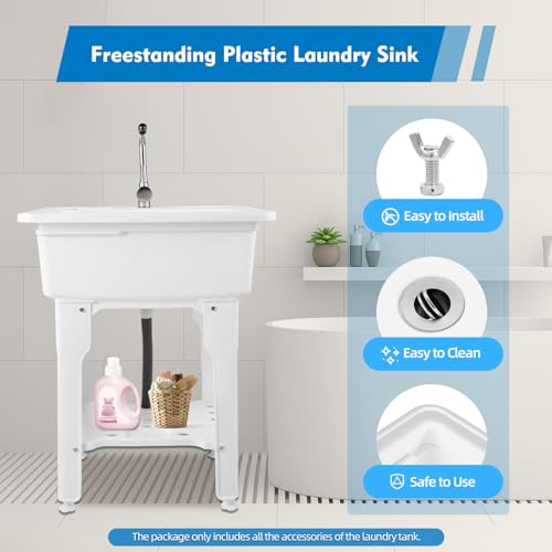 Freestanding Utility Sink Plastic Laundry Sink Spacious Laundry Tub Sink with Storage Shelf Indoor Outdoor Slop Sink Wash Station for Bathroom Laundry Washing Room