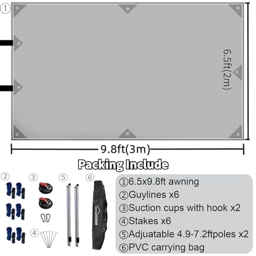 Portable Suction Cup Car Awning 6.5ftx9.8ft Gray
