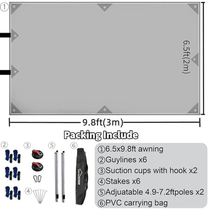 Portable Suction Cup Car Awning 6.5ftx9.8ft Gray