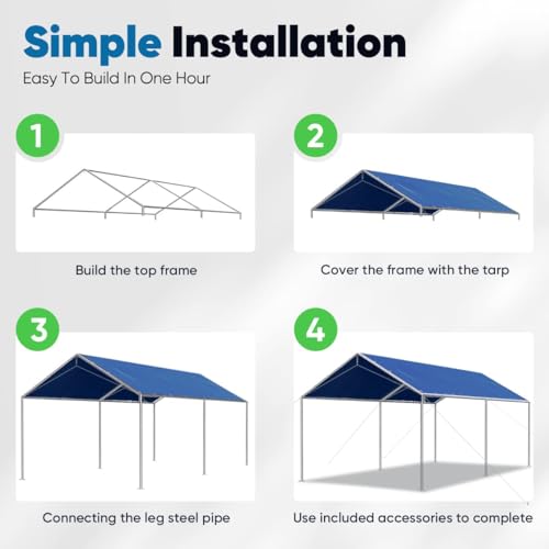 10x20 ft Heavy Duty Car Canopy Galvanized Frame Carport Outdoor Party Tent Boat Shelter with 3 Reinforced Steel Cables