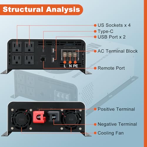 2000W Pure Sine Wave Power Inverter DC 12V to AC 120V