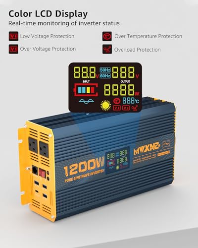 1200 Watt Pure Sine Wave Power Inverter DC 12V to 110V AC Converter with Dual AC Outlets