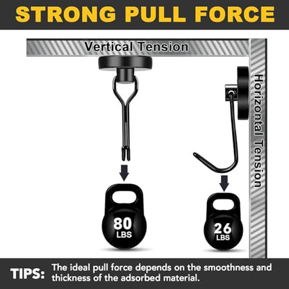 Black Magnetic Hooks Heavy Duty 80LB+ Swivel Strong Magnet Hook (4 Count)
