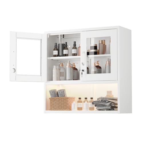 Metal Wall Cabinet with Locking Glass Doors & Magnetic LED Sensor Light