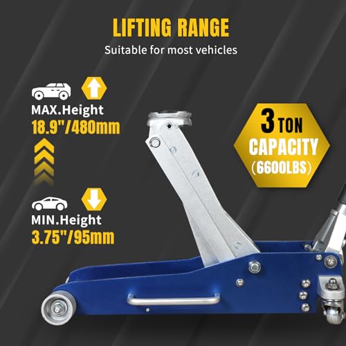 3 Ton Floor Jack Full Aluminum Ultra Lightweight Quick Rise Racing Floor Car Jack with Dual Pump Fast Lifting Low Profile Jack for Vehicle